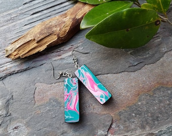 Long Turquoise and Pink Wood Paint Pour Earrings