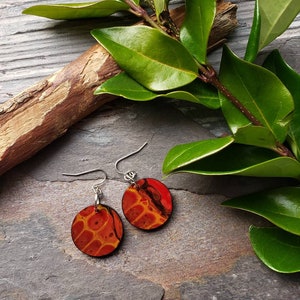 Red and Yellow Wood Abstract Earrings, Paint Pour Earrings