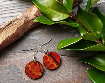 Red and Yellow Wood Abstract Earrings, Paint Pour Earrings