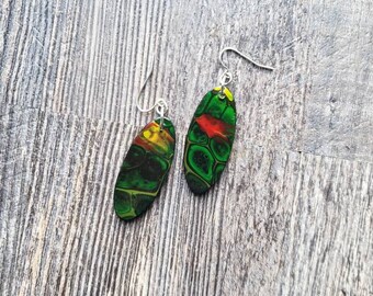 Black Red and Green Wood Paint Pour Earrings