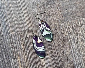 Black White Purple and Gold Wood Fluid Art Earrings