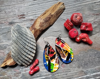 Hand-Painted Wood Earrings, Abstract Earrings