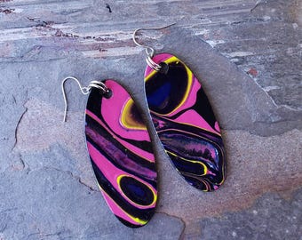 Hand Painted Paper Paint Pour Earrings, Pink Earrings