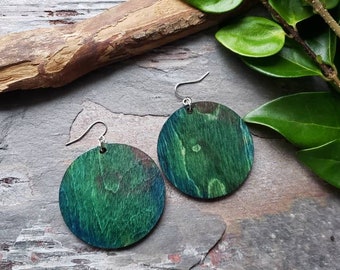 Green and Blue Wood Hand-Painted Earrings