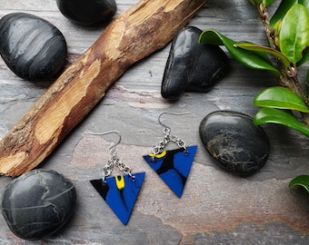 Blue Triangle Wood Earrings