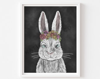 Easter Bunny Art / Chalk Art  / Easter Decorations / Bunny Ears / Spring Decor / Chalkboard Print / Illustration Art / Gift for Easter