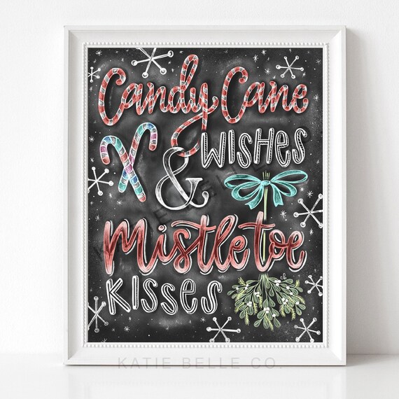 Candy Cane Wishes / Candy Cane Art / Chalk Art / Christmas Art / Chalkboard Print / Holidays / Christmas / Mistletoe / Candy Cane Stripes