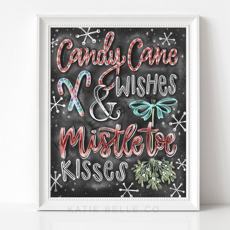Candy Cane Wishes / Candy Cane Art / Chalk Art / Christmas Art / Chalkboard Print / Holidays / Christmas / Mistletoe / Candy Cane Stripes image 1