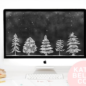May include: A black and white digital desktop wallpaper featuring a night sky with white stars and a row of white chalk-drawn pine trees.