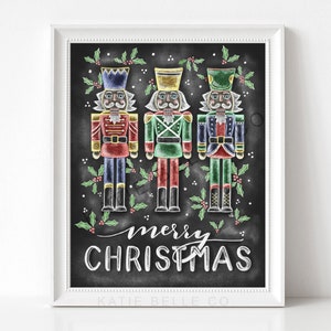 Nutcrackers / Merry Christmas / Holidays / Chalkboard Print / Chalk Art / Holly Leaves / Christmas Decor / Hand Drawn / 8 x 10 Print