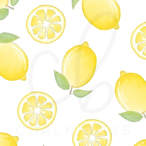 May include: A seamless pattern featuring watercolor illustrations of lemons and lemon slices on a white background. The lemons are yellow and have green leaves. The lemon slices are yellow with a white center.