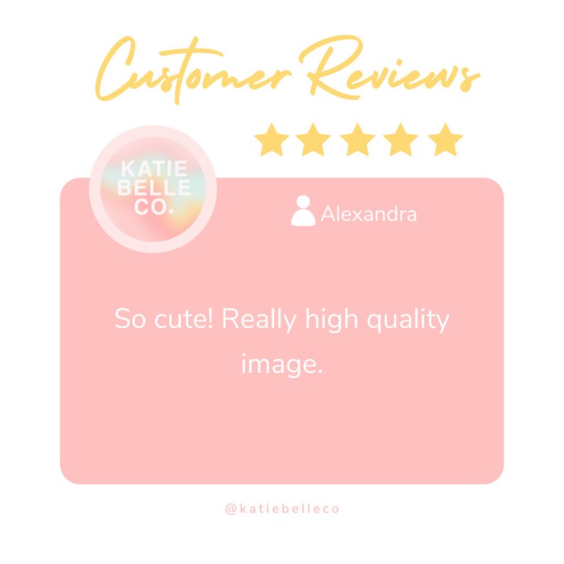 May include: A customer review for Katie Belle Co. with a five-star rating and a quote from Alexandra: "So cute! Really high quality image."
