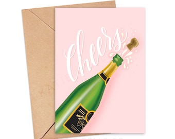 Cheers / Greeting Card / Congratulations Card / Celebration Card / Champagne Bottle / Champagne  / Wedding Card / Pink Card / Congrats