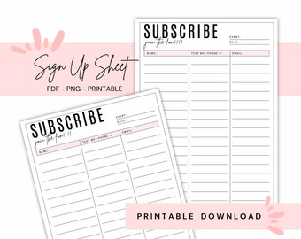 Printable Sign Up Sheet / Sign up Form / Subscribe Form / Sign Up List /Business Marketing/Business Organization Instant Download/ Subscribe