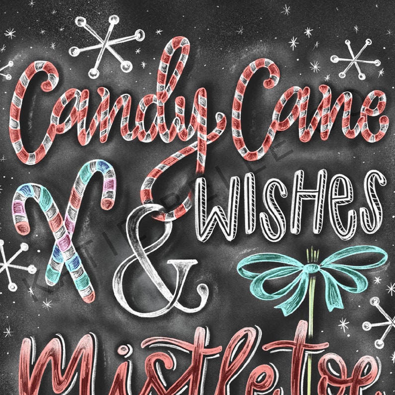 Candy Cane Wishes / Candy Cane Art / Chalk Art / Christmas Art / Chalkboard Print / Holidays / Christmas / Mistletoe / Candy Cane Stripes image 3