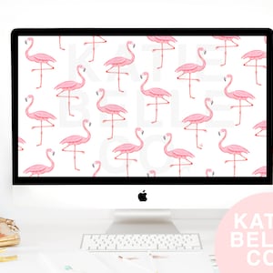 May include: A computer screen displaying a pink flamingo pattern wallpaper with the text "Katie Belle Co."