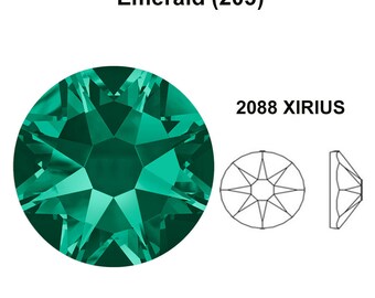 May include: Emerald green crystal rhinestone with a star-shaped facet pattern. The rhinestone is labeled 2088 Xirius.