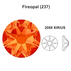 May include: A close-up of a bright orange crystal with a star-shaped facet pattern. The crystal is labelled "Fireopal (237)" and "2088 XIRIUS".