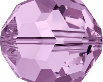 May include: A single, round, faceted bead in a light purple color. The bead is made of glass and has a high shine.
