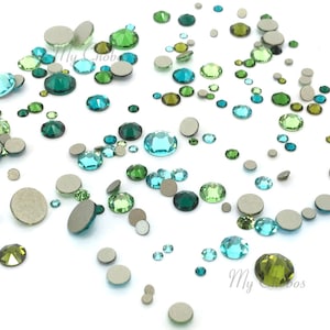 144 pcs - GREEN & TEAL Colors Swarovski 2058/2088 Crystal flatbacks rhinestones mixed sizes ss5, ss7, ss9, ss12, ss16, ss20, ss30 No-Hotfix