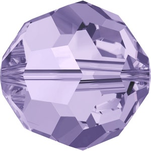 May include: A round, faceted glass bead in a light purple color. The bead has a hole in the center for stringing.