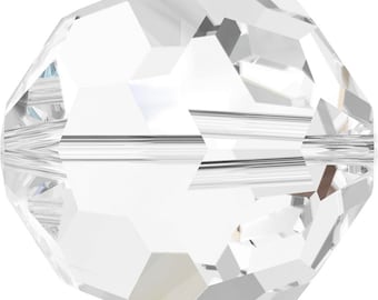 May include: A clear glass bead with a faceted design. The bead is round and has a smooth, polished surface.