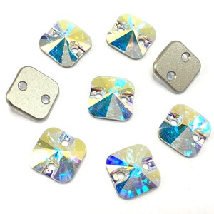 Crystal AB (001 AB) Swarovski 3201 Rivoli Square Shaped 10mm Sew-on Stones Two Holes Flatbacks Rhinestones 8 pcs ** No Tariffs to US