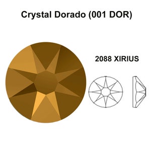 Peut inclure: Un cristal rond et facetté de couleur brun doré, nommé "Crystal Dorado (001 DOR)" et "2088 XIRIUS." L'image comprend un schéma des facettes du cristal et une vue de profil.