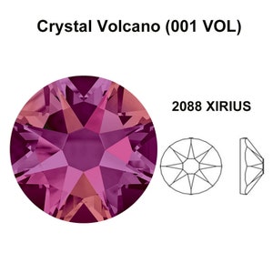 May include: A faceted crystal in shades of pink and purple, labeled "Crystal Volcano (001 VOL)" and "2088 XIRIUS." The image includes a diagram of the crystal's facets and a side view. The crystal has a star-like appearance.