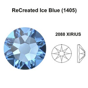 May include: A ReCreated Ice Blue (1405) crystal with a faceted design. The image also includes a diagram and the text "2088 XIRIUS". The crystal is a light blue colour.