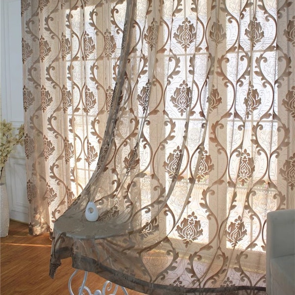 Two Damask Sheer Curtains, Custom Made to Order. Jacquard Damask Pattern Sheer. Custom Size Available.