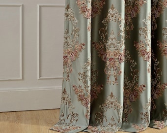 A Pair of Floral Damask Jacquard Custom Curtains Up to 104"L. Faux Silk Base Jacquard Fabric Curtain Panels