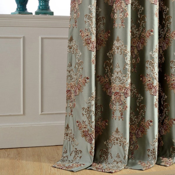A Pair of Floral Damask Jacquard Custom Curtains Up to 104"L. Faux Silk Base Jacquard Fabric Curtain Panels