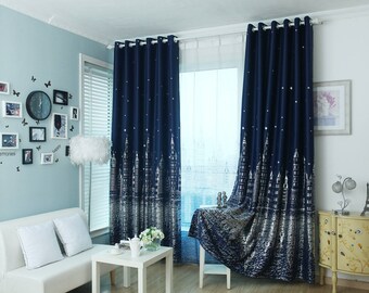 Two Panels Silver Star Navy Blue Light Blocking Grommet Etsy