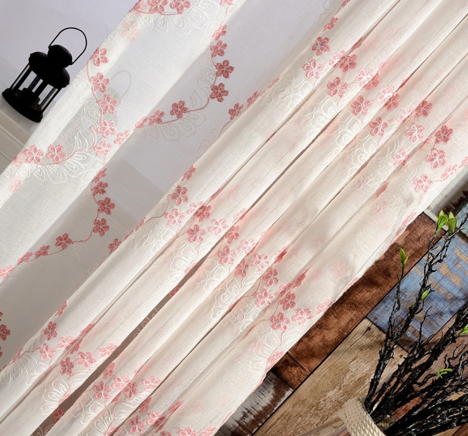 Two Pink White Floral Sheer Curtains Custom Made to Order Upto Etsy