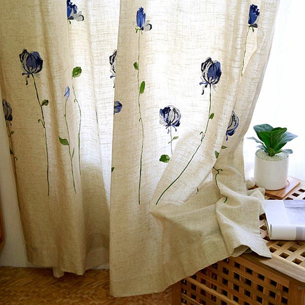 A Pair of Custom Curtains Made to Order Up to 100"L, Roses Embroidery on Beige Polyester and Linen Cotton Blend Fabric.