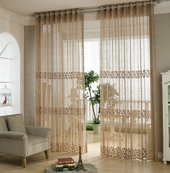 Light Brown Jacquard Net Sheer Curtain Voile Panel. One Custom Made Panel.  Choose Width and Length. Made to Order. Jacquard Floral Pattern. 