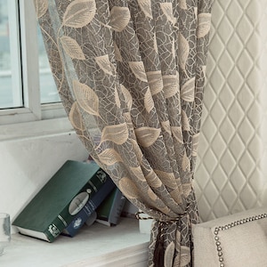 Taupe Jacquard Net Sheer Curtain Voile Panel. One Custom Made Panel. Choose Width and Length. Made To Order. Jacquard Leaf Pattern. image 4