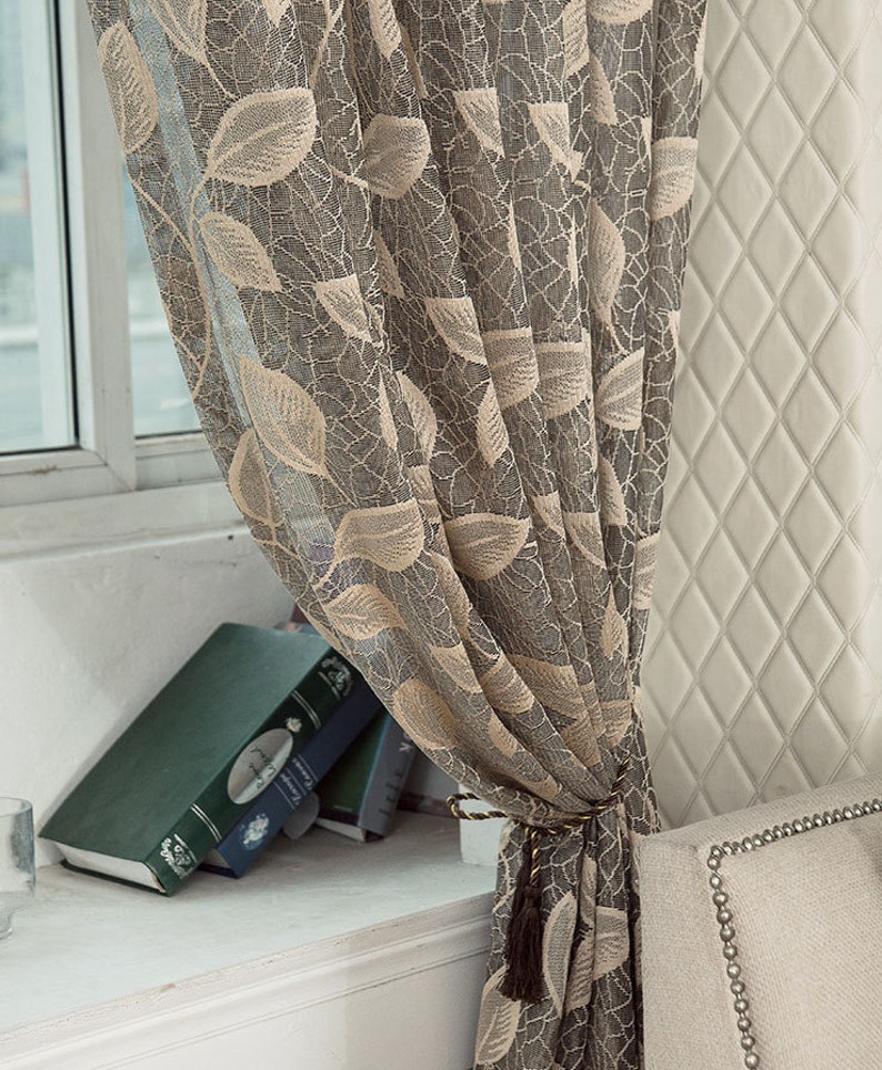 Taupe Jacquard Net Sheer Curtain Voile Panel. One Custom Made Panel. Choose Width and Length. Made To Order. Jacquard Leaf Pattern. image 4