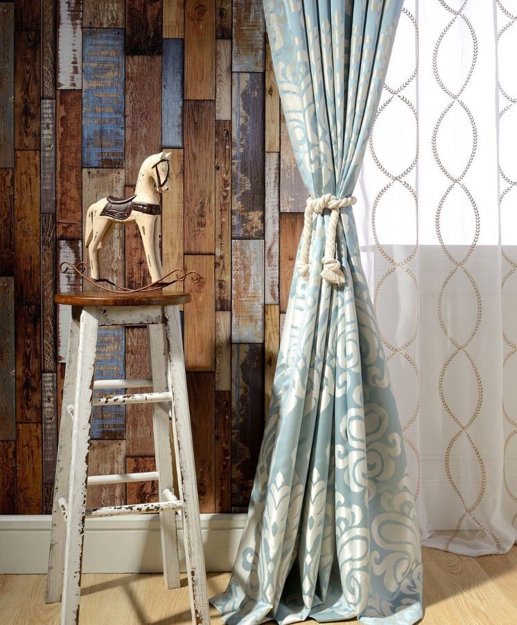 A Pair of Blue off White Damask Curtains Made to Order up to Etsy