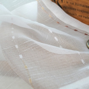 A Pair of White Sheer Curtains Custom Made to Order Up To 100"L. White, Yellow And Brown Chenille Dot Striped Pattern