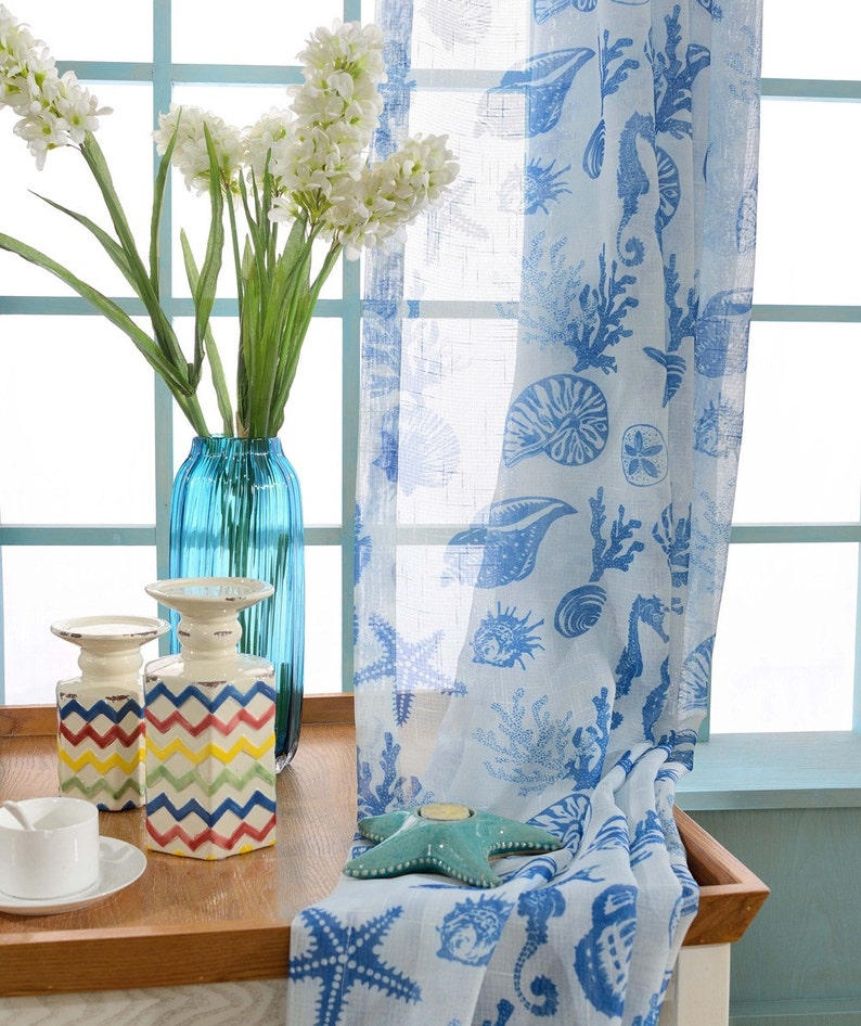 Two Custom White And Blue Nautical Sheer Curtains Made to Order Sea Beach Ocean Theme Starfish Seahorse Seashell Coral.