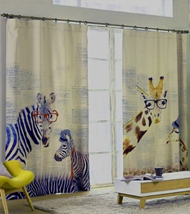 Zebras or Giraffes Nursery or Kid's Room Window Curtain Panel - Triple Woven Light Blocking Fabric . 51' Wide. Custom Curtain Made to Order. 