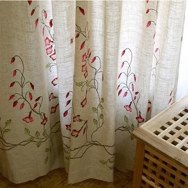 A Pair of Custom Curtains Made to Order Up to 102"L, Flowers And Butterflies Embroidery on Beige Polyester and Linen Cotton Blend Fabric.