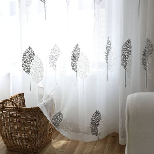 A Pair Of Two Tone Tree Patterned Embroidery Sheer Curtains Patterned Embroidery Sheer Curtains, Sheer White Curtains With Pattern