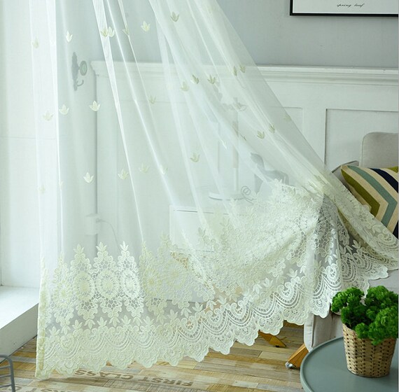 Embroidered White Feather Pattern On Off White light bule Background Two Sheer Curtains Custom Made to Order Upto 104L