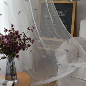 Embroidered White Feather Pattern On Off White light bule Background Two Sheer Curtains Custom Made to Order Upto 104L