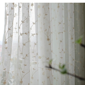 Sheer Curtain Voile Panel With Cotton Embroidery Pattern. One Panel Choose Width and Length. Made To Order. Custom Size Available - ANY SIZE