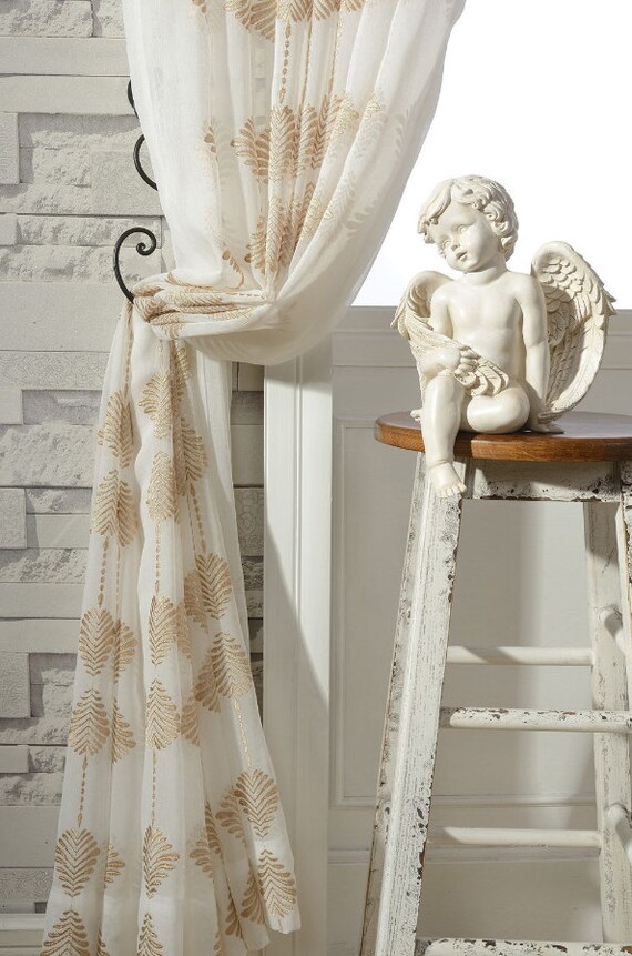 A Pair Of Gold Leaf Patterned Embroidey Sheer Curtains Made To Etsy