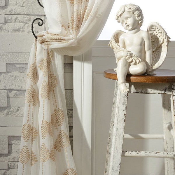 A Pair of Gold Leaf Patterned Embroidey Sheer Curtains Made to Order Upto 102"L Embroidered Leaf Pattern On Soft White Sheer Fabric